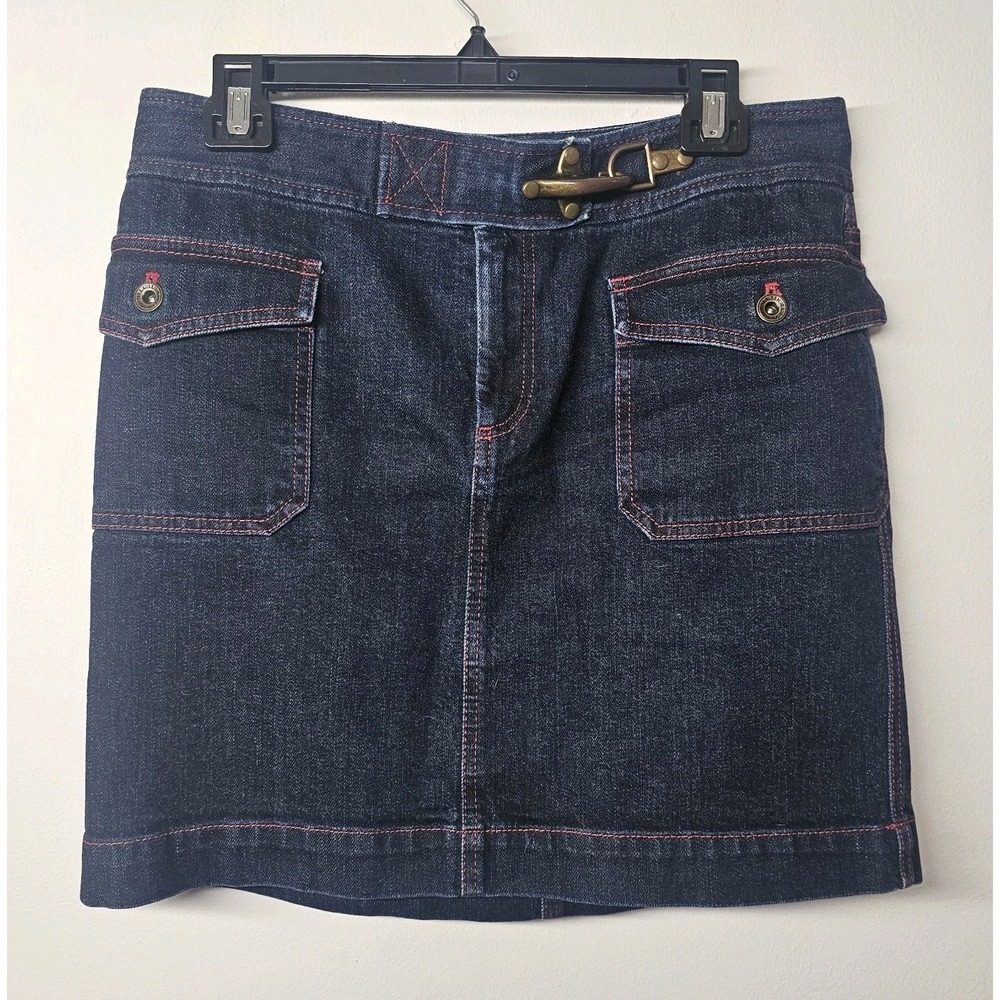 Lauren Jeans Co. Denim Mini Skirt with Metal Buckle Size 8 Pockets Red Trim EUC